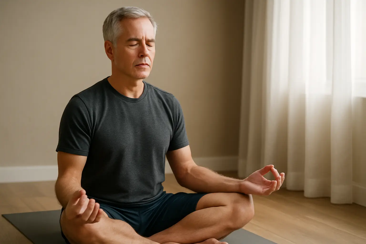 Mann über 50 meditiert für mehr Stressresistenz – mentale Stärke und Gelassenheit im Alter